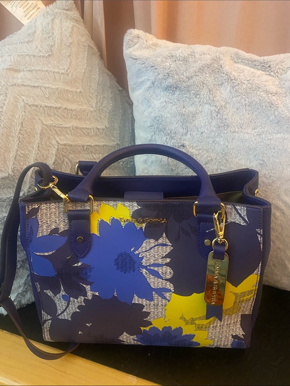Floral Structured Satchel Handbag - Blue & Yellow